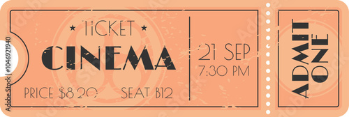 Peach colored vintage cinema ticket for a 7,30 pm showing on september 21st, priced at 8.20 for seat b12, admitting one.