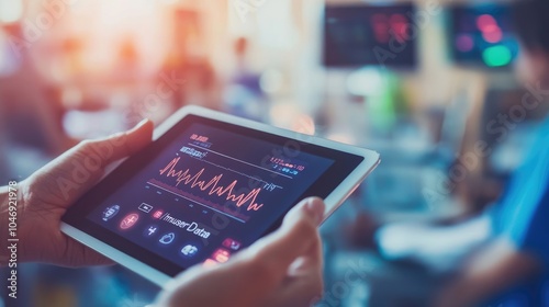 Close-Up of Hands Holding Tablet Displaying ECG Monitor with Heart Rhythm in Emergency Room