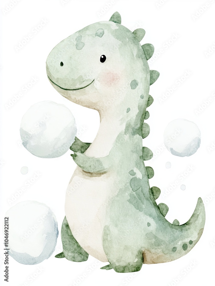 Naklejka premium Cute dinosaur character playing with snowballs