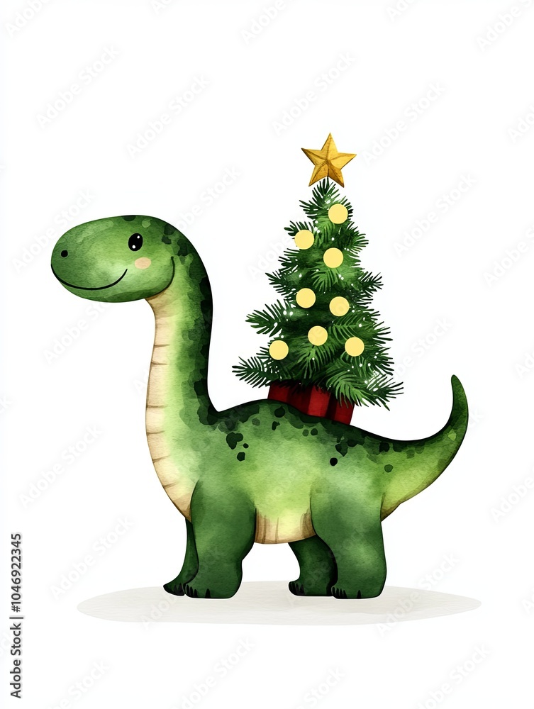 Fototapeta premium Cheerful dinosaur with a Christmas tree on its back