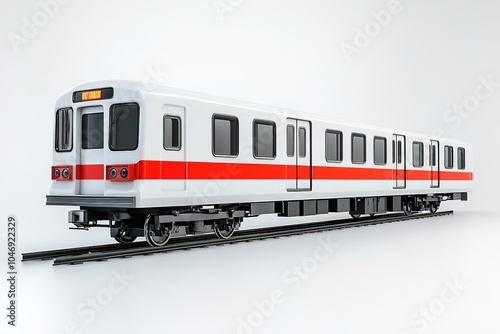 Modern white metro train with red stripe on gray background