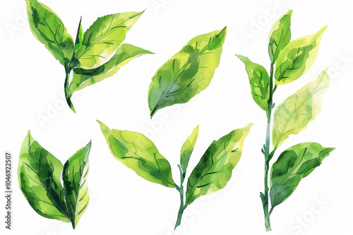 Watercolor green tea leaves clip art set, illustration, white background, 300 dpi resolution.