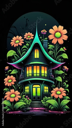 A quaint, green-roofed house sits amidst a vibrant garden of orange flowers on a dark night