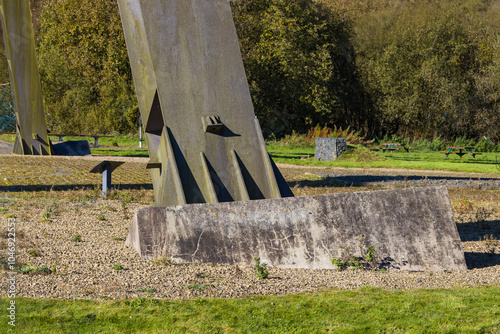 Barony colliery pithead A-Frame metal tower leg bolted to concrete footing, historic industrial heritage site East Ayrshire Scotland photo