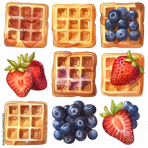 Set of nine digital illustrations of waffles, strawberries, blueberries, and syrup. photo