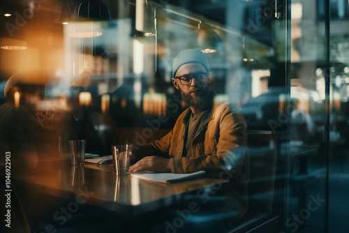 Man with beard sitting in cafe looking down at his phone through a window