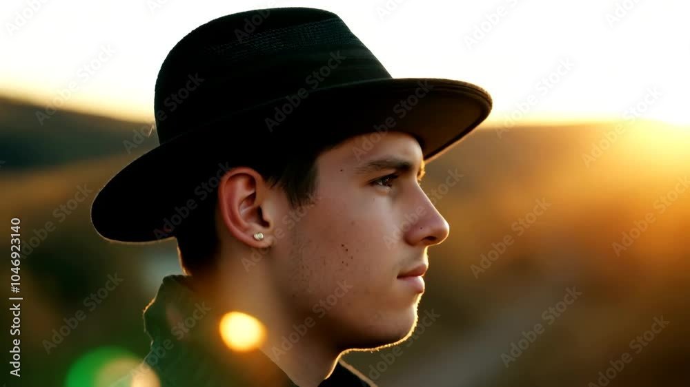 Profile View of a Young Man in a Black Hat at Sunset Profile View of a Young Man in a Black Hat at Sunset