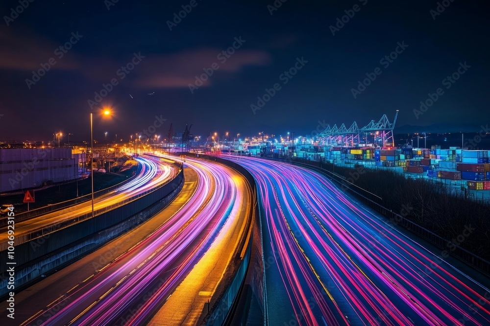 Fototapeta premium Bright city lights shine at night. The busy highway creates a vibrant motion. Cars streak by in colorful patterns. A blend of energy and urban life. Generative AI