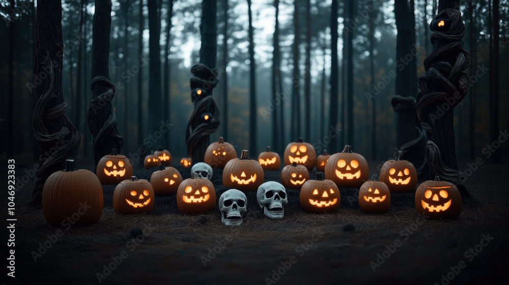 Fototapeta premium Halloween scene in a dark forest with numerous carved jack-o'-lanterns and two skulls illuminated by candlelight, surrounded by twisted tree trunks.