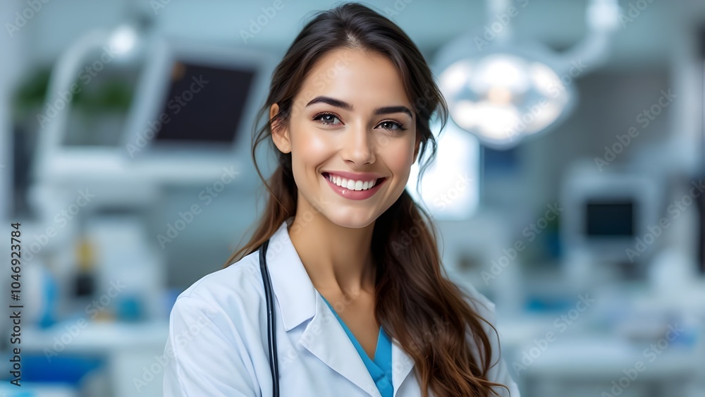 Female doctor with happy cheerful face wearing healthcare uniform professional medical officer Female doctor with happy cheerful face wearing healthcare uniform professional medical officer