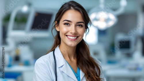 Female doctor with happy cheerful face wearing healthcare uniform professional medical officer