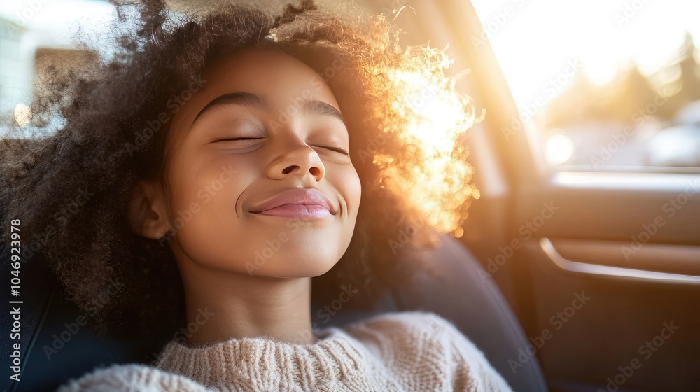 Young Woman Relaxing in Back Seat of Car with Eyes Closed in Natural Sunlight Young Woman Relaxing in Back Seat of Car with Eyes Closed in Natural Sunlight