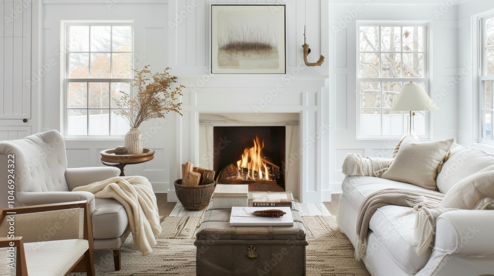 Fototapeta premium A cozy and intimate fireside-inspired living space design featuring a white canvas backdrop, Furnished with plush seating and a roaring fireplace, Fireside chic style