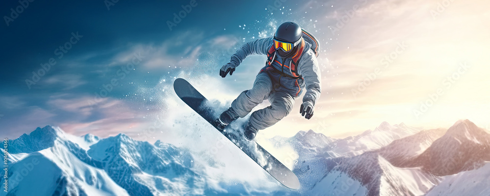 Skillful snowboarder jumping over ramp during winter extreme sport games. Postproducted generative AI illustration. Skillful snowboarder jumping over ramp during winter extreme sport games. Postproducted generative AI illustration.