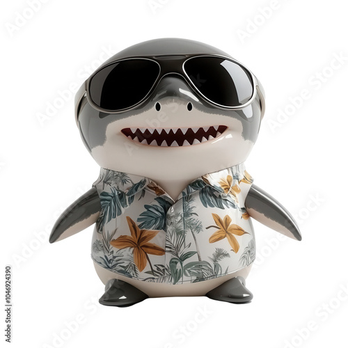 Cute shark figurine wearing sunglasses and a floral shirt,  on transparent background. photo