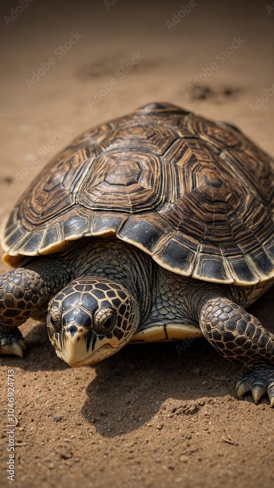 Fototapeta premium Brown and black turtle with textured shell, sitting on sandy surface