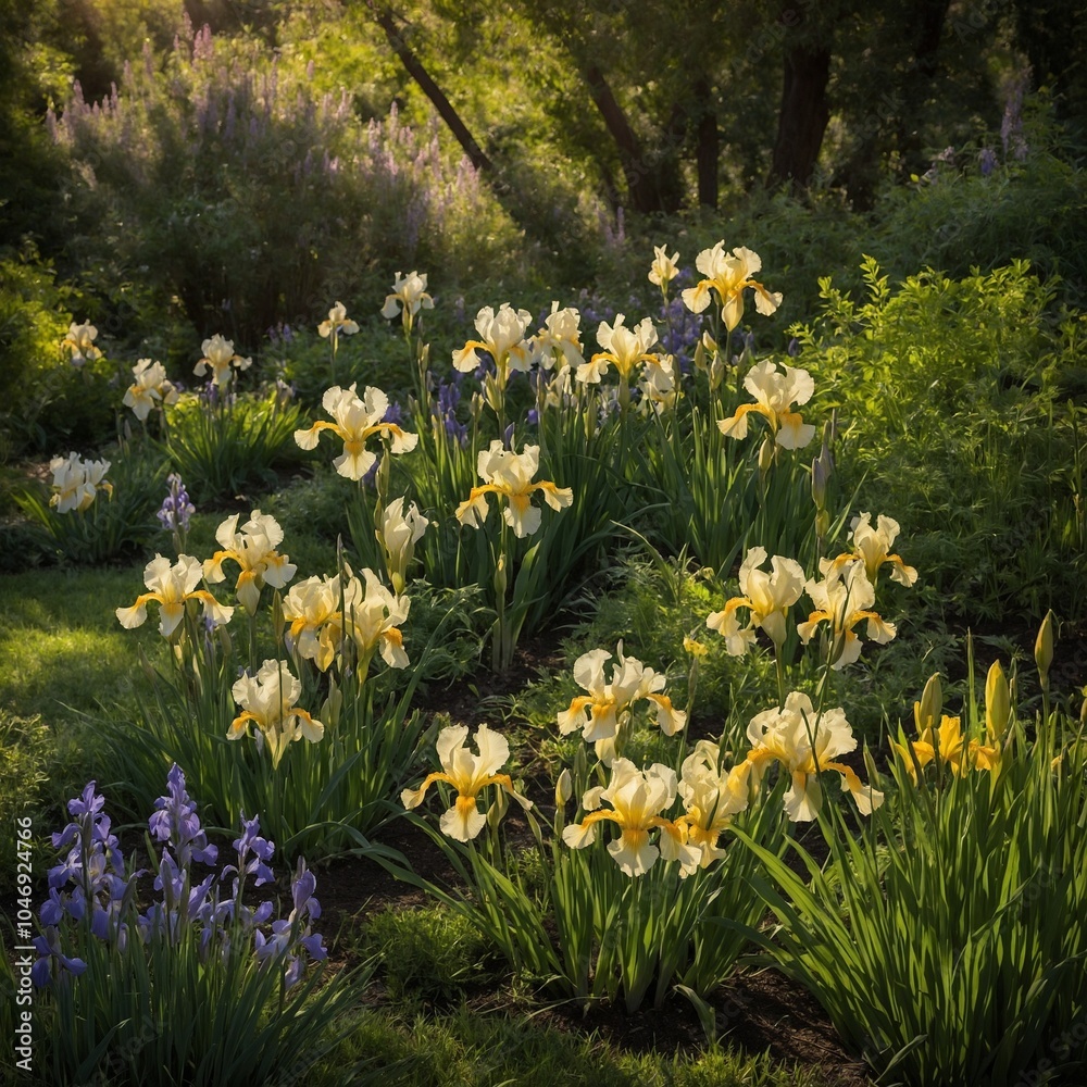 Fototapeta premium Field of yellow daffodil flowers in lush, green garden setting with trees and other plants in background