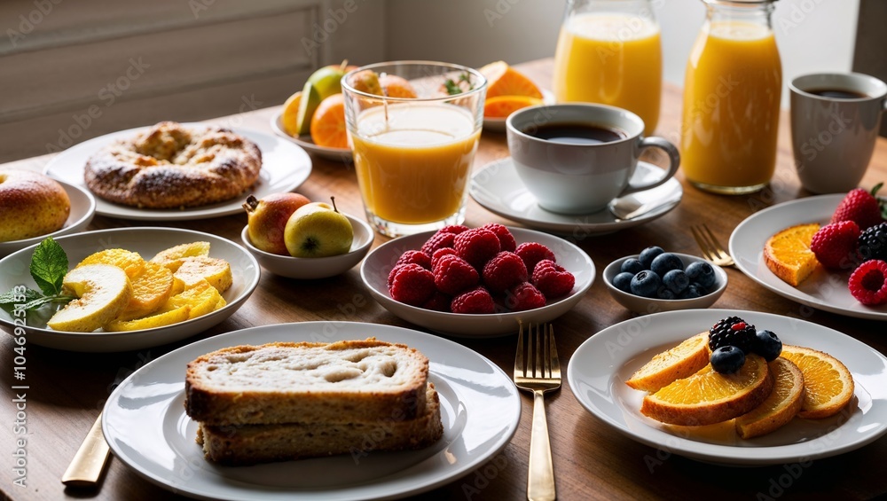 A carefully arranged breakfast table with a variety of fresh foods and drinks: fruits, pastries, a coffee cup, and juice. A carefully arranged breakfast table with a variety of fresh foods and drinks: fruits, pastries, a coffee cup, and juice.