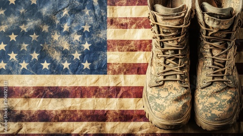 Army Boots on Old Paper Flag Background. American Flag with Military Boots in a Neutral Beige Tone photo