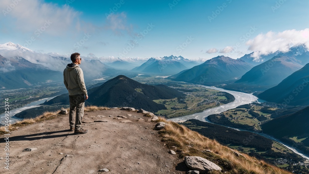 A tourist stands on top of a famous mountain viewpoint, overlooking a stunning panorama of mountains, valleys, and rivers. A tourist stands on top of a famous mountain viewpoint, overlooking a stunning panorama of mountains, valleys, and rivers.