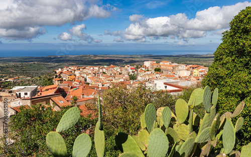 Cuglieri, Sardinia. View from the Basilica Santa Maria della Neve to the mountain village of Cuglieri and the Mediterranean Sea.