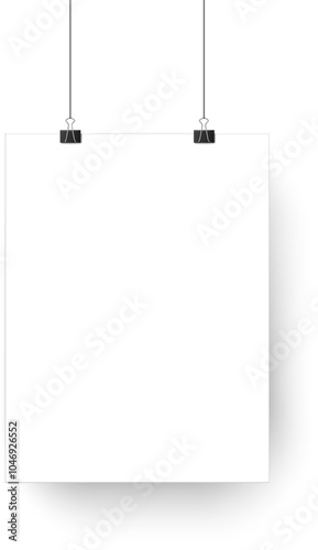 Blank white square poster hanging with binder clips on white background is perfect for showcasing your designs or messages