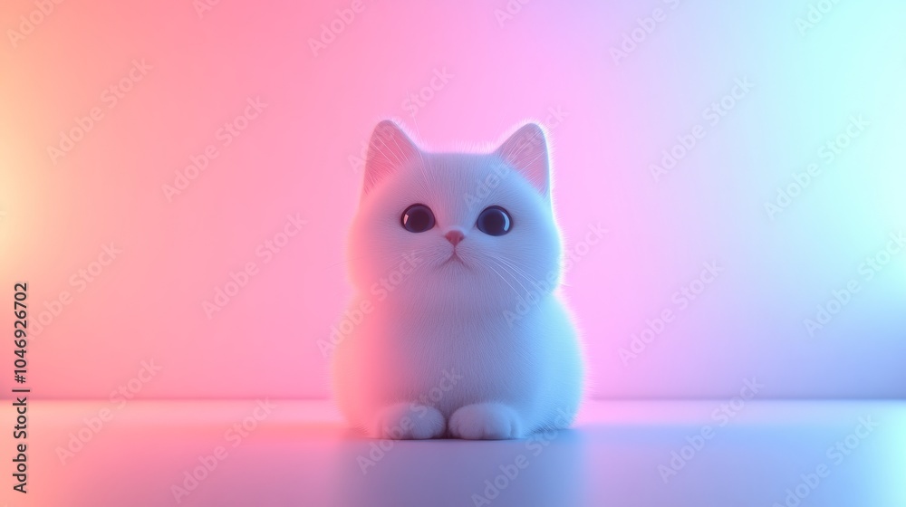 A white cat is sitting on a table in front of a pink background A white cat is sitting on a table in front of a pink background