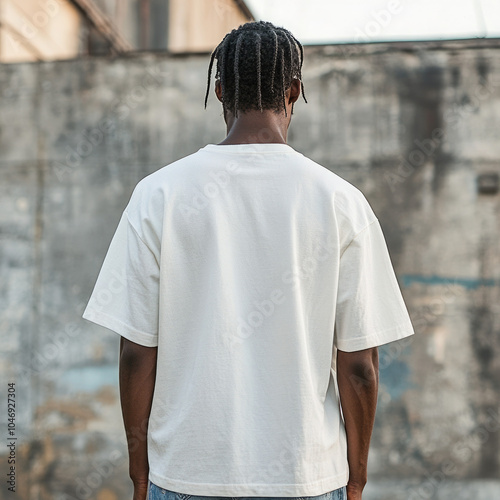 Back view, A man wearing an oversized white t-shirt. isolated on an industrial background. Oversized t-shirt product advertising photo, Ai generated images