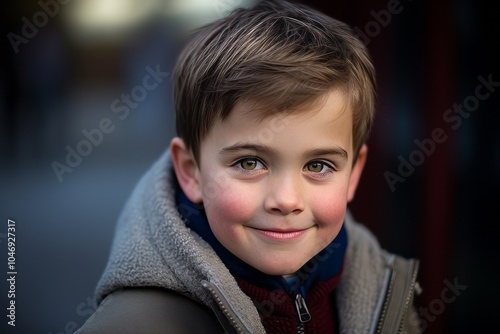 Portrait of a cute little boy smiling in the street. Selective focus.