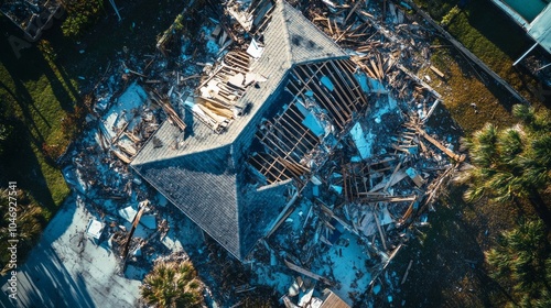 A house with a lot of damage and debris