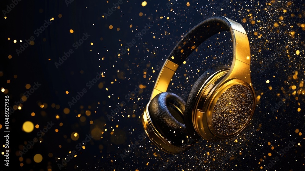 Fototapeta premium 3d rendering of golden headphones with glitter on dark background,