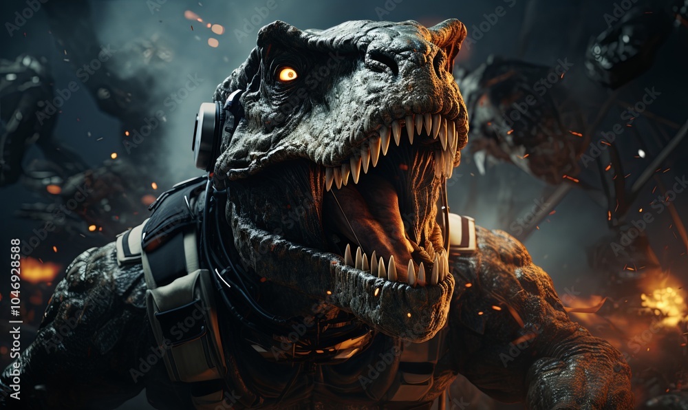 Dinosaur Roaming Dark Room Amid Flames Dinosaur Roaming Dark Room Amid Flames