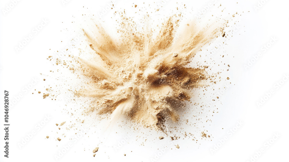 Brown powder exploding on white background creating a dynamic shape Brown powder exploding on white background creating a dynamic shape