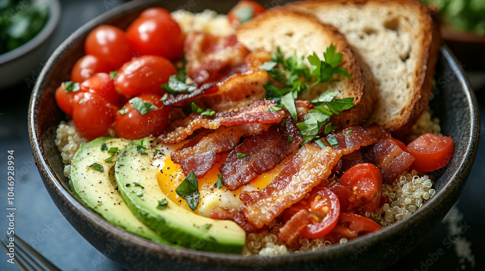 A Hearty Breakfast Bowl. A breakfast bowl filled with scrambled eggs, avocado, diced tomatoes, and crispy bacon. A Hearty Breakfast Bowl. A breakfast bowl filled with scrambled eggs, avocado, diced tomatoes, and crispy bacon.