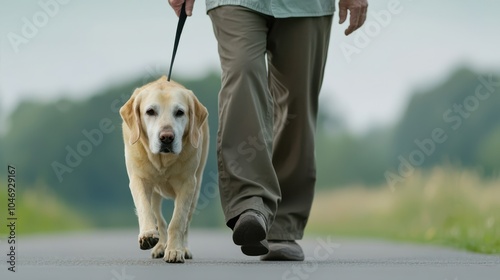 elderly person walks their dog on peaceful path, enjoying serene outdoors. loyal Labrador strolls beside them, creating heartwarming scene of companionship photo