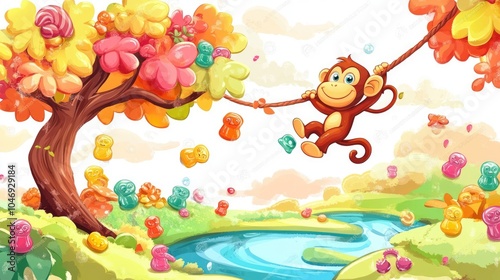 Cute Monkey Swinging from Gummy Bears on Tree Branch Over Candy River in Colorful Illustration photo