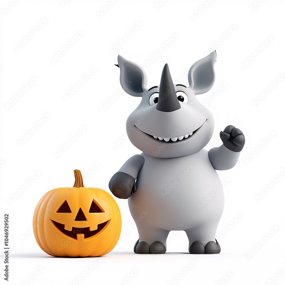 Naklejka premium Cheerful Cartoon Rhinoceros Carving a Pumpkin for Halloween