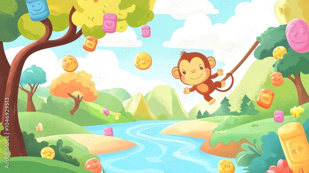 Fototapeta premium Cute Monkey Swinging from Gummy Bears on Tree Branch Over Candy River in Colorful Illustration