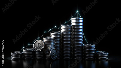 This double exposure image of coin stacks on a technology financial graph background symbolizes economic trends for businesses, financial meltdowns, and the digital economy of cryptocurrencies.