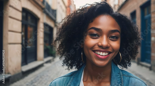 Obraz na płótnie Beautiful young elegant alternative black female model taking selfie in the street and smiling, fashion and lifestyle, people, background w salonie