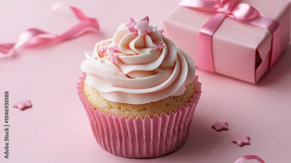 Cupcake on Pink Background with Gift Box Cupcake on Pink Background with Gift Box