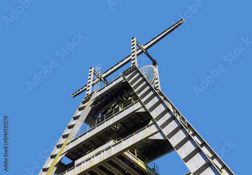 Barony A-Frame pithead winding head gear tower from below, historic industrial heritage site East Ayrshire Scotland photo