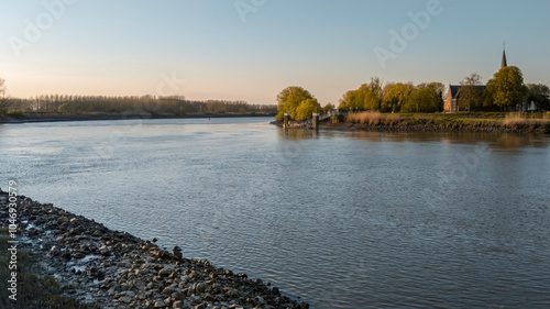 Flemish Scenic Countryside: Sint-Amanduskerk Church by the River at Sunset