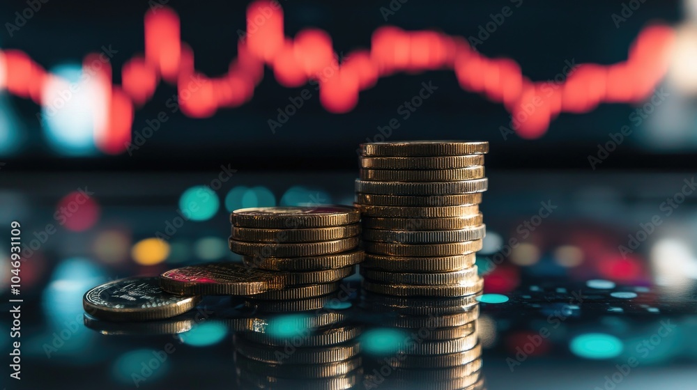 A stack of coins with a fluctuating stock market chart in the background, symbolizing oil prices and economic indicators. A stack of coins with a fluctuating stock market chart in the background, symbolizing oil prices and economic indicators.
