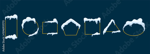 Frames with snow ice cap. Card or poster template. Snowdrifts shapes with icicles. Winter frame decoration. Snowy roof effect. Frost icy heaps. Frozen vector cartoon flat isolated illustration