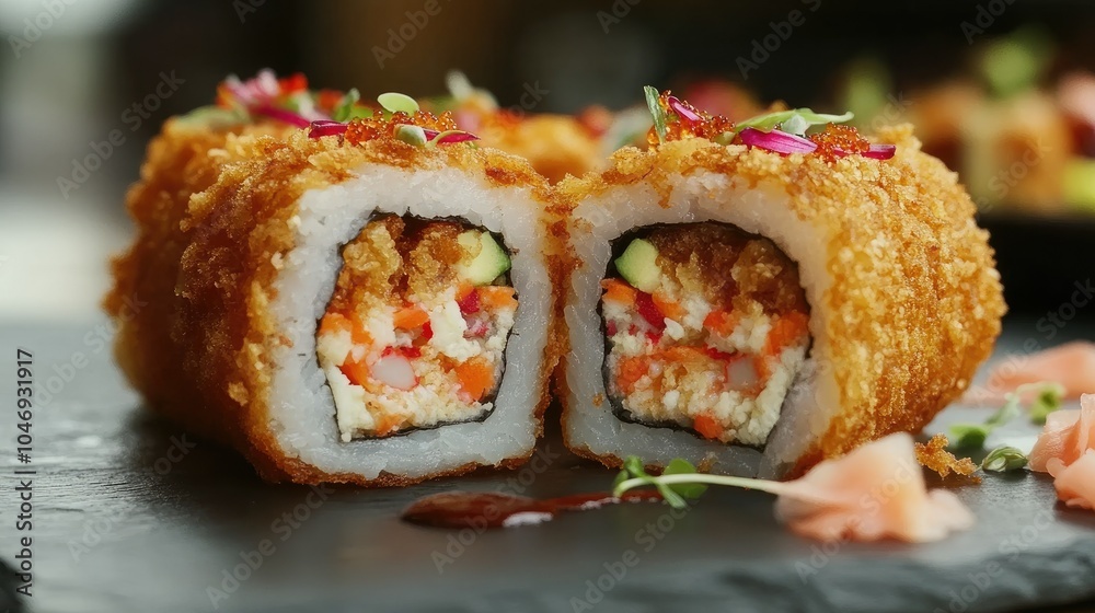Crispy tempura sushi roll cut in half, displayed on a slate plate with colorful garnishes. Crispy tempura sushi roll cut in half, displayed on a slate plate with colorful garnishes.