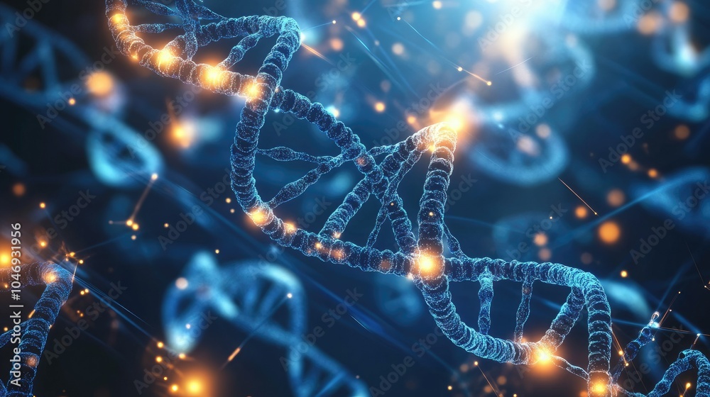 Digital display of DNA sequences and bright genetic markers, illustrating genome editing and biotechnology innovation. Digital display of DNA sequences and bright genetic markers, illustrating genome editing and biotechnology innovation.