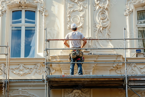 Construction worker inspecting ornate facade on scaffolding photo