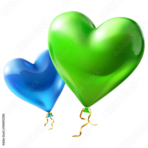 Two large beautiful heart shaped balloons in green and blue colors, with glares and golden serpentine, isolated on white background