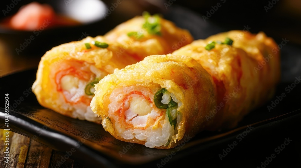 Golden-brown tempura sushi roll, sliced to reveal fresh seafood and vegetables, beautifully plated.